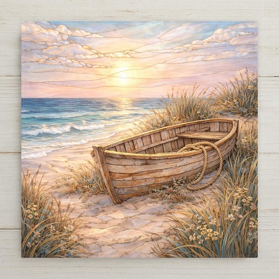 Coastal Boat Ceramic Tile Wall Art – Stained Glass Style Beach Decor, Ocean Sunset Wall Decor Home Decor Gift with Rowboat