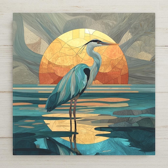 Coastal Blue Heron Ceramic Tile Wall Art - Beach Sunset Ocean Bird Design for Nautical Home Decor