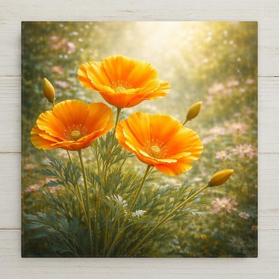 California Poppy Wall Art Ceramic Tile – Orange Botanical Flower Wall Decor – Garden Home Decor Farmhouse Wall Art