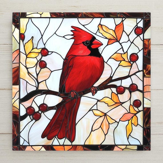 Handcrafted Cardinal Ceramic Tile: Stained Glass Inspired Wall Art for Nature Lovers & Memorial Gifts