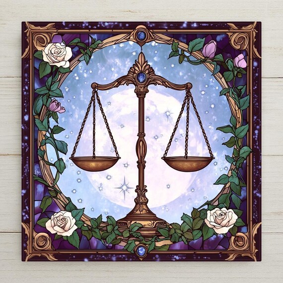 Libra Zodiac Ceramic Tile: Art Nouveau Stained Glass Style Astrology Decor