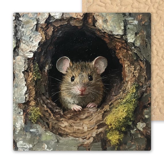 Realistic Ceramic Mouse Tile Art - Woodland Forest Animal in Tree Hollow - Nature Wall Decor Gift