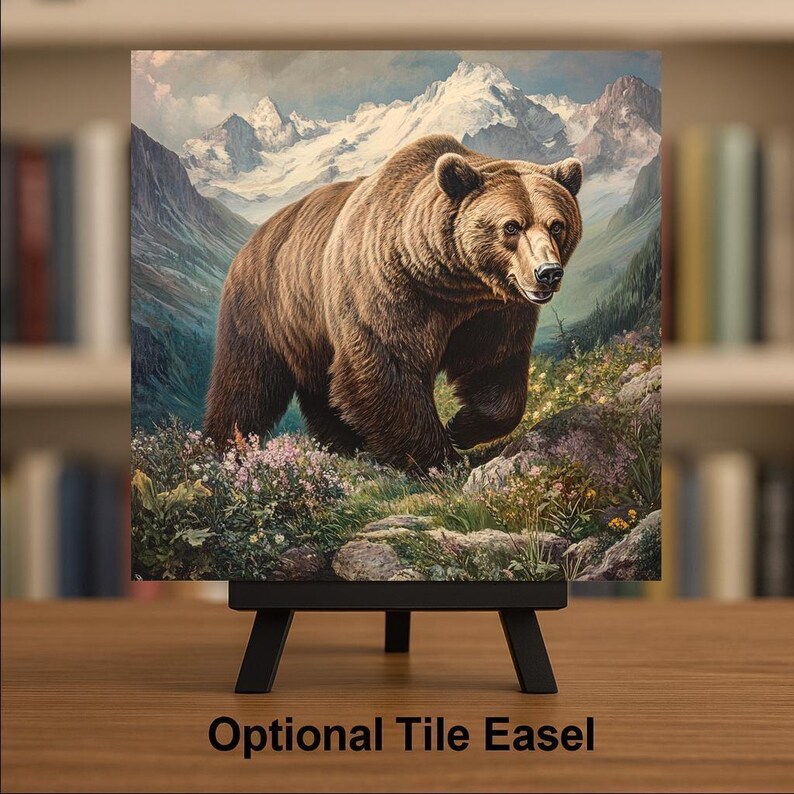 Azulejo de cerámica con diseño de oso grizzly para pared, regalo de naturaleza, decoración vintage naturalista, arte de la naturaleza, regalo para amantes de los osos. imagen 3