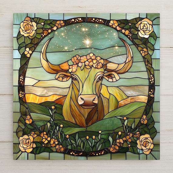 Taurus Zodiac Ceramic Tile: Stained Glass Style Bull Wall Art
