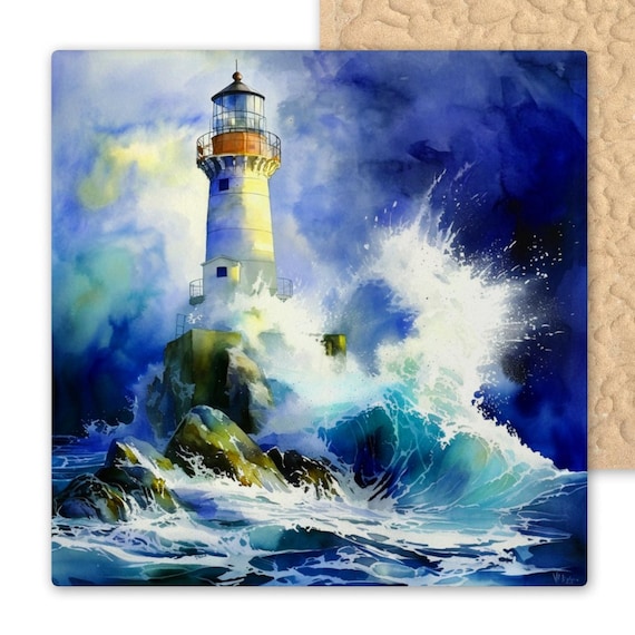 Watercolor Lighthouse Ceramic Tile Art - Coastal Wall Decor for Beach House, Nautical Display