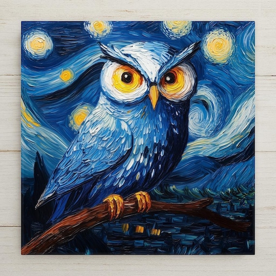 Van Gogh Inspired Starry Night Owl Ceramic Tile: Impressionist Handcrafted Decor Art