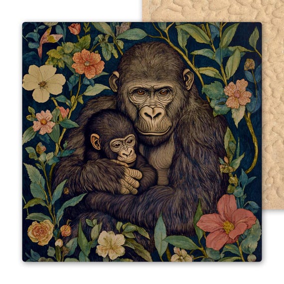 Gorilla Ceramic Tile Art: Baby Jungle Animal Wall Decor, William Morris Woodland Nursery Gift