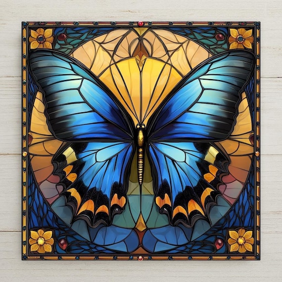 Art Nouveau Butterfly Ceramic Tile - Stained Glass Inspired Blue Gold Wall Decor Handmade Vintage Style