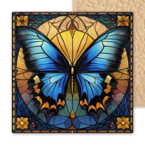 Art Nouveau Butterfly Ceramic Tile - Stained Glass Inspired Wall Decor in Blue and Gold