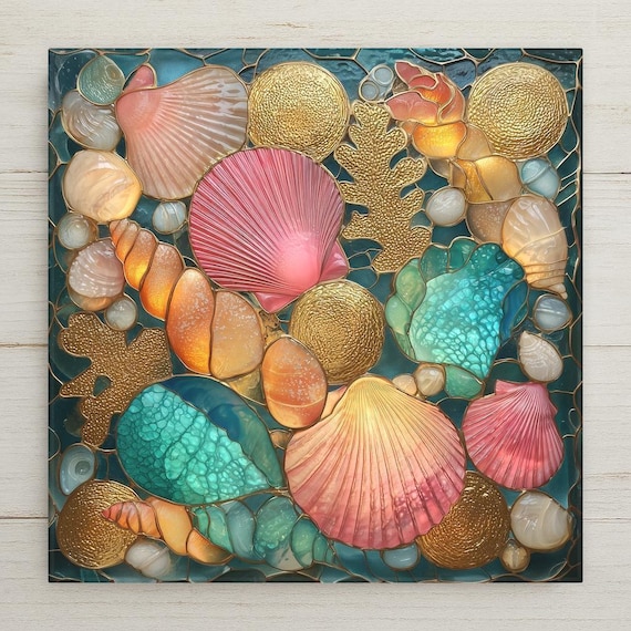 Coastal Seashell Mosaic Ceramic Tile Wall Art - Beach-Inspired Ocean Design for Nautical Home Decor
