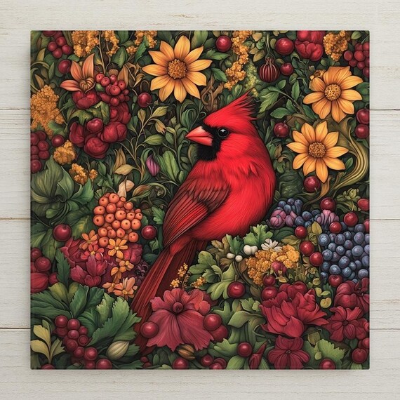 William Morris Red Cardinal Ceramic Tile: Art Nouveau Bird Wall Decor