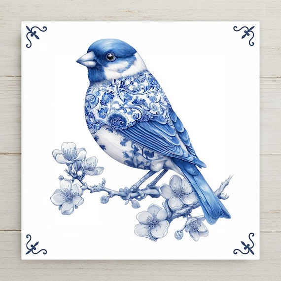 Delft Bluebird Ceramic Tile Art Home Decor: Dutch Cottagecore Wall Decor