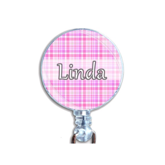 Personalized Custom Badge Reel ID Retractable Card Holder Pink Plaid Pattern Just Add Your Name