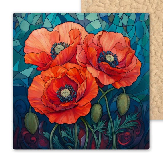 Handmade Red Poppy Ceramic Tile Art - Stained Glass Floral Wall Decor for Cottagecore Home