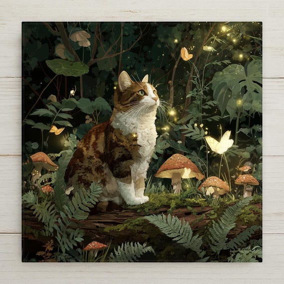 Enchanted Forest Cat Ceramic Tile Wall Art: Stained Glass Style Mushrooms & Fireflies Nature Decor