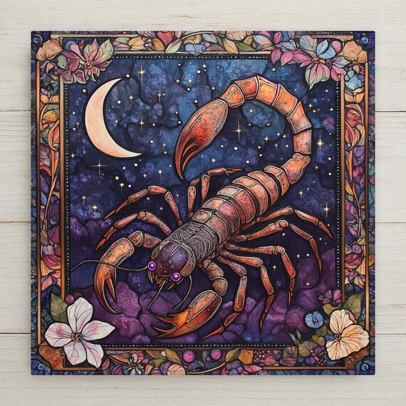 Handcrafted Scorpio Zodiac Ceramic Tile Wall Art - Purple Stained Glass Scorpion Astrology Decor