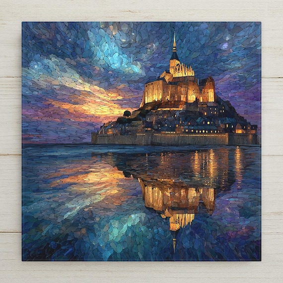 Mont-Saint-Michel Ceramic Tile Wall Art – Stained Glass Style Castle, Normandy France Coastal Landmark, Wall Decor Home Decor