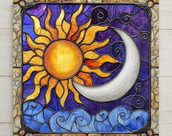 Celestial Sun Moon Wall Art Ceramic Tile Cosmic Gift Handmade Decor Boho Art Spiritual Lover Gift Tile