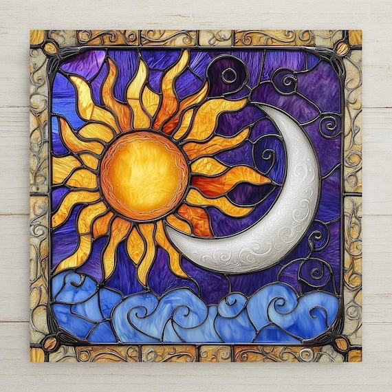 Vibrant Celestial Ceramic Tile Art: Handmade Sun and Moon Wall Decor with Cosmic Symbolism