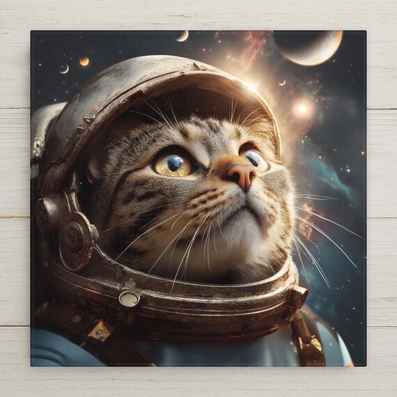 Whimsical Astronaut Cat Ceramic Tile Wall Art: Space-Themed Stained Glass Style Decor for Pet Lovers
