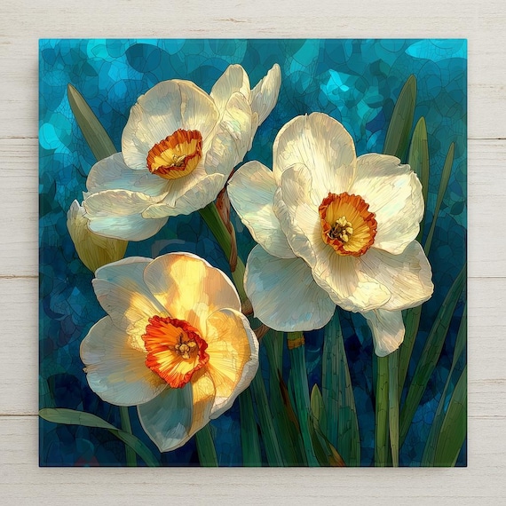 Narcissus Wall Art Ceramic Tile December Birthday Gift Birth Month Flower Stained Glass Style Botanical Art