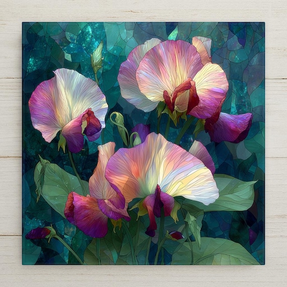 Sweet Pea Wall Art Ceramic Tile April Birthday Gift Birth Month Flower Stained Glass Style Botanical Floral Art