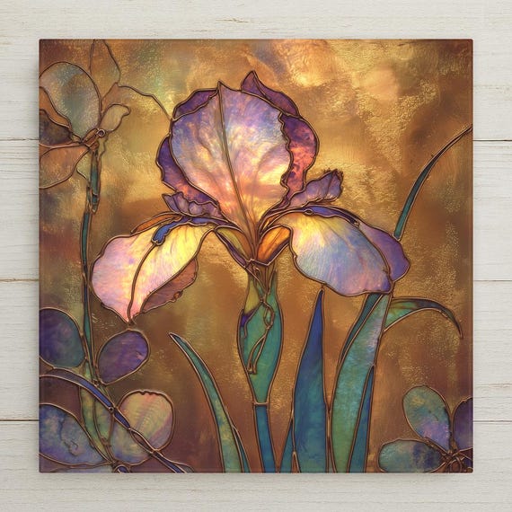 Opalescent Stained Glass Iris Ceramic Art Tile: Art Nouveau Wall Decor Vintage Iridescent Gallery Home Decor Iris Lover Gift