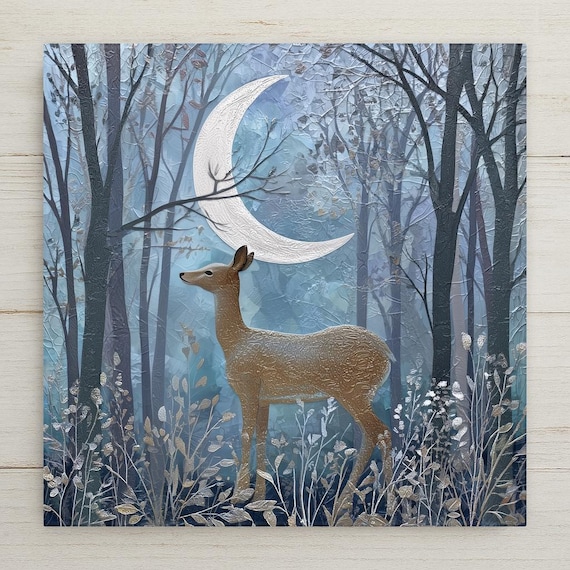 Moonlit Deer Ceramic Tile Art: Blue & Silver Woodland Decor