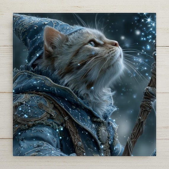 Mystical Wizard Cat Wall Art - Fantasy Feline Magic Staff Print, Celestial Starry Cloak Artwork for Home Decor & Gifts