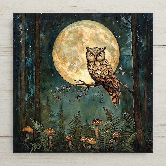 Enchanted Woodland Owl Ceramic Tile - Handcrafted Nature Wall Art with Mushrooms Moon Forest Wildlife Decorv