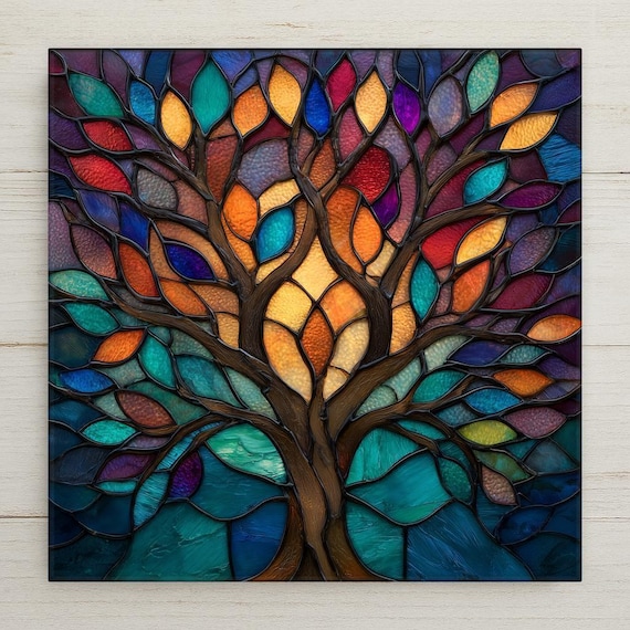 Tree of Life Ceramic Tile Wall Art - Stained Glass Style Symbolic Nature Decor, Colorful Meaningful Home Artwork