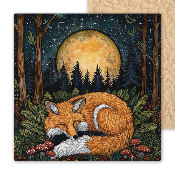 Enchanting Woodland Fox Ceramic Tile Art - Moonlit Forest Scene with Mushrooms and Ferns