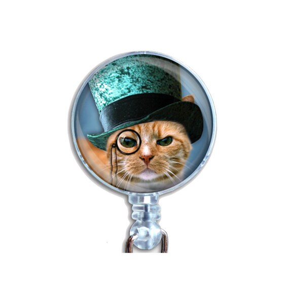 Steampunk Cat Badge Reel – Retractable ID Holder with Turquoise Hat and Monocle, Funny Gift for Nurses, Teachers, Cat Lovers