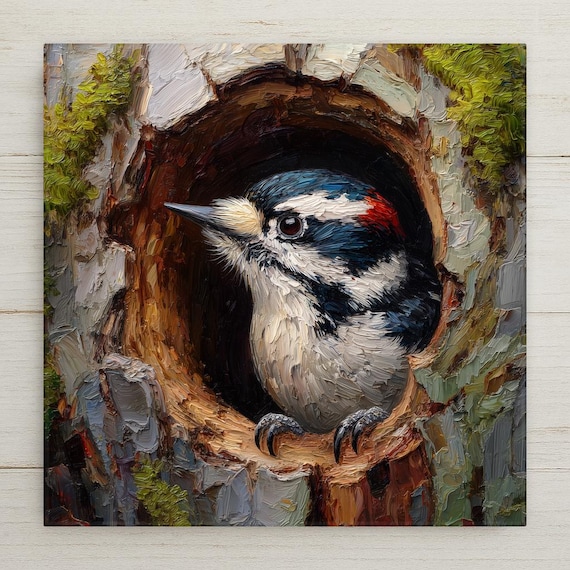 Baby Woodpecker Ceramic Tile Wall Art – Woodland Bird Home Decor, Nature Wildlife Wall Decor for Rustic Cabin or Cozy Home Display