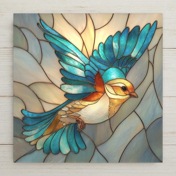 Blue Songbird Ceramic Tile Wall Art – Stained Glass Style Bird Decor, Cottagecore Nature Home Wall Decor