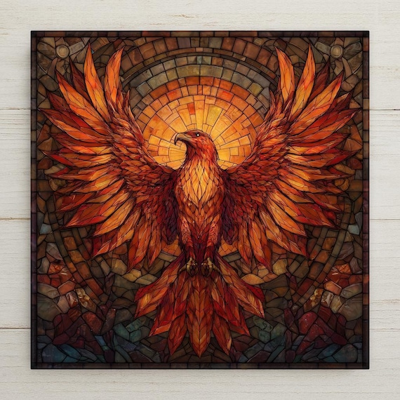 Phoenix Ceramic Tile Wall Art – Stained Glass Style Home Decor, Rising Phoenix Symbol Artwork, Mythical Gift Tile, Inspirational Wall Art