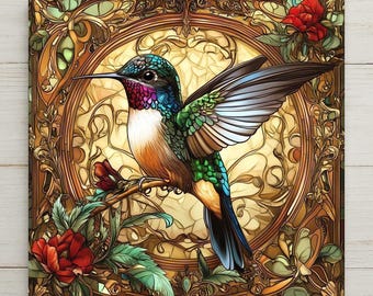 Hummingbird Art Nouveau Ceramic Art Tile: Nature Wall Decor Art Lover Gift Home Decor Wall Art