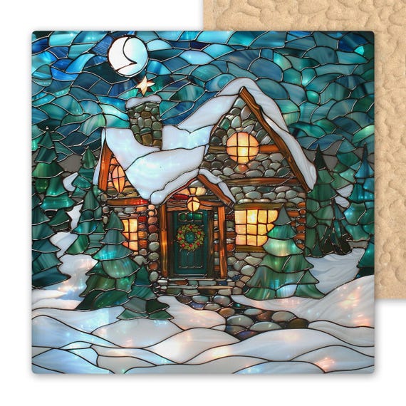 Stained Glass Style Christmas Cabin Tile: Snowy Winter Cottage Wreath Decor