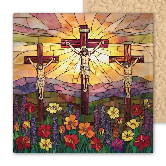 Three Crosses Tile Art – Stained Glass Style Christian Wall Decor, Jesus Crucifixion Art, Religious Easter Gift, Faith Home Decoration