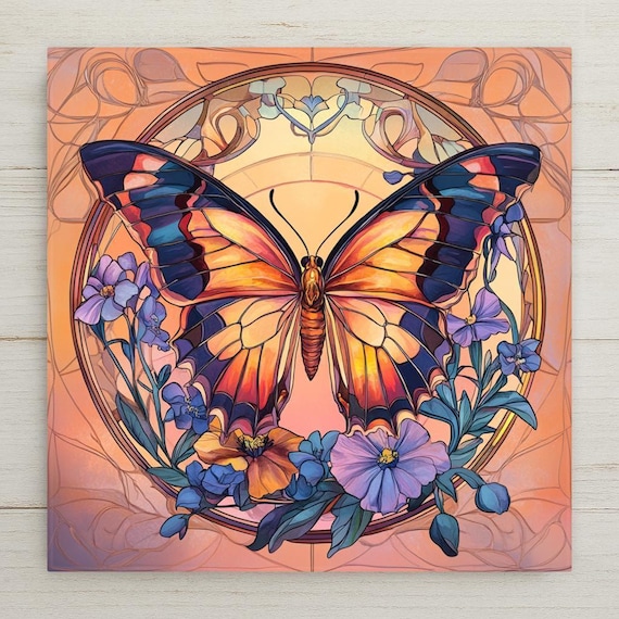 Handcrafted Butterfly Ceramic Tile: Stained Glass-Inspired Floral Wall Art for Garden & Home Decor