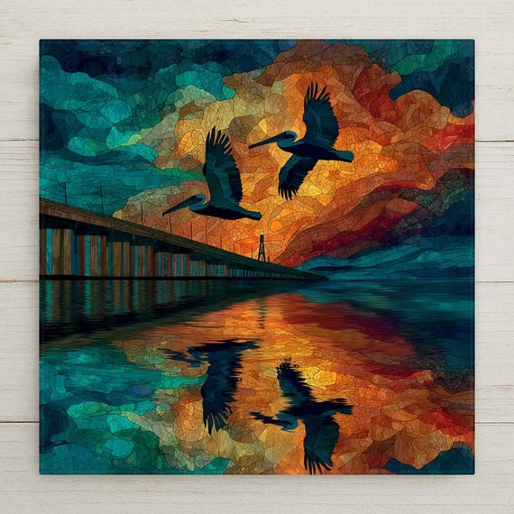 Florida Keys Wall Art Ceramic Tile Stained Glass Style Florida Gift Tropical Sunset Decor Place Identity