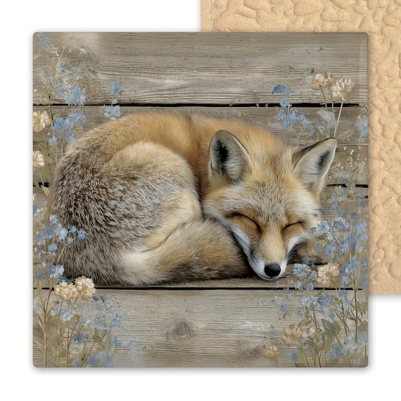 Fox Ceramic Tile Art - Tan and Blue Woodland Floral Wall Decor - Sleeping Fox Nature Tile for Rustic Cabin or Cottagecore Animal Lovers