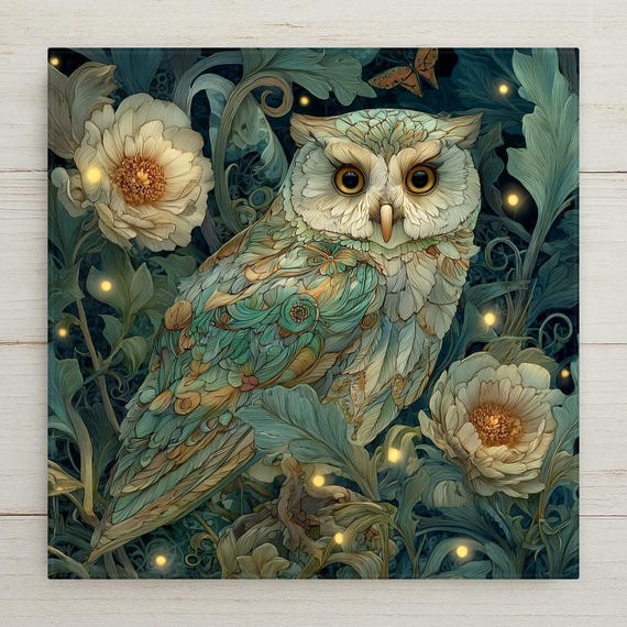 Owl Ceramic Tile Wall Art – Botanical Stained Glass Style Owl Wall Decor, Nature Inspired Home Decor Gift for Owl Lovers