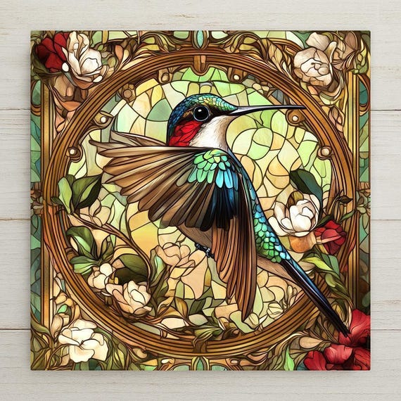 Art Nouveau Hummingbird Tile: Mucha-Inspired Stained Glass Ceramic Wall Decor, Trivet, Coaster
