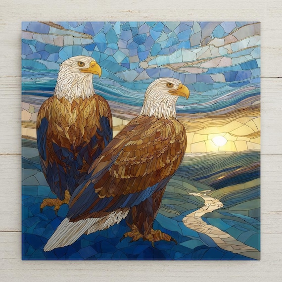 Bald Eagle Pair Ceramic Tile Wall Art – Stained Glass Style Wildlife Decor, Symbol of Strength & Unity, Patriotic Home Decor Gift