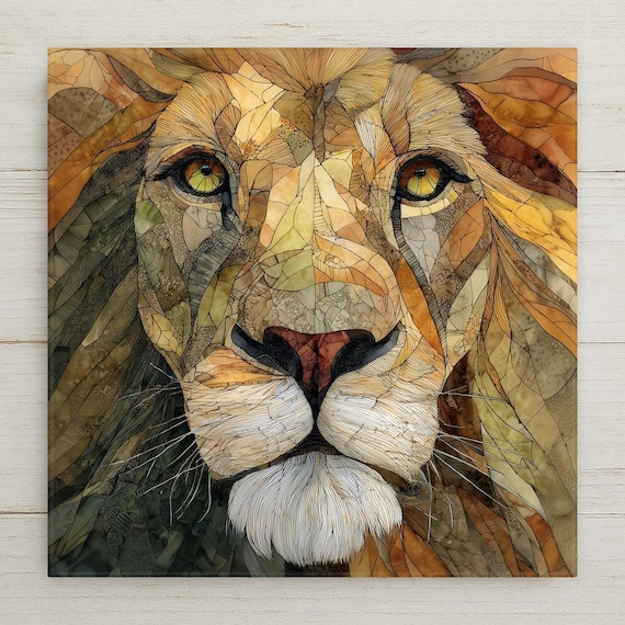 Majestic Lion Face Ceramic Tile Wall Art - Stained Glass Style Wildlife Portrait Nature Home Decor Gift
