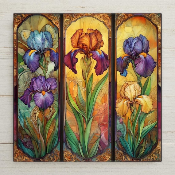 Art Nouveau Irises Ceramic Tile: Stained Glass Look Wall Decor