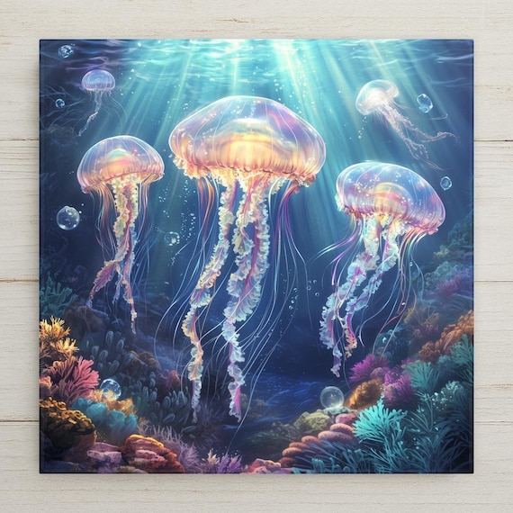 Luminescent Jellyfish Ceramic Tile: Ocean-Inspired Trivet, Wall Art & Bathroom Decor for Coastal Homes