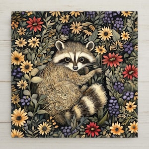 Art Nouveau Woodland Raccoon Ceramic Tile - William Morris Inspired Wall Decor, Floral Trivet Coaster