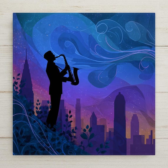 Stained Glass Jazz Saxophonist Wall Art: Ceramic Tile Cityscape Night Sky Decor for Music Lovers